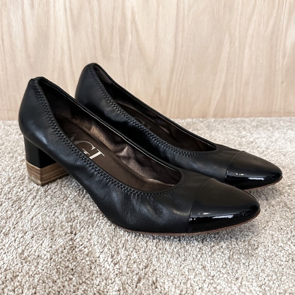 AGL Cap Toe Black Leather Pump Elastic Topline Block Heel - Picture 1 of 15